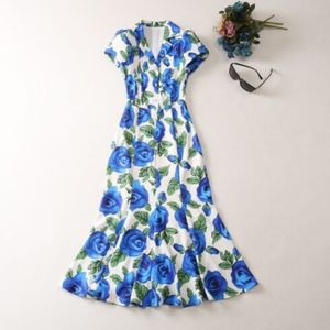 Occident Womens Runway V-neck Short Sleeves Button Sexy Floral Printed Dresses